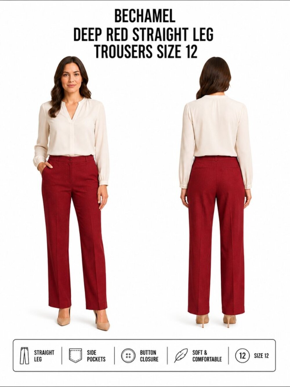 BECHAMEL DEEP RED STRAIGHT LEG TROUSERS SIZE 12